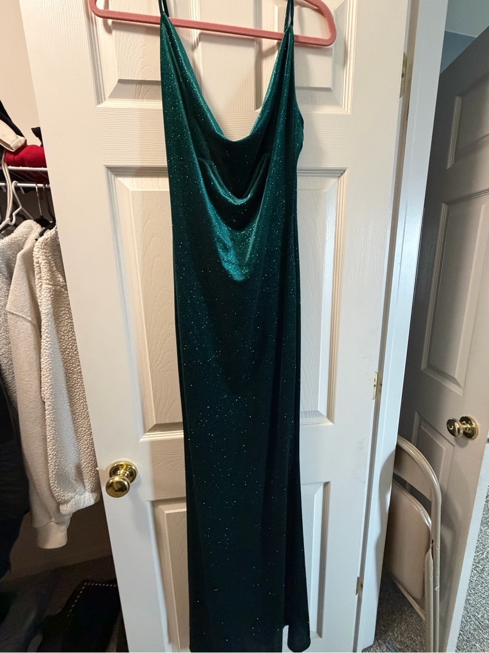 Sparkle Emerald Green Cowl Neck Gown with Side Slit - Picture 2 of 4